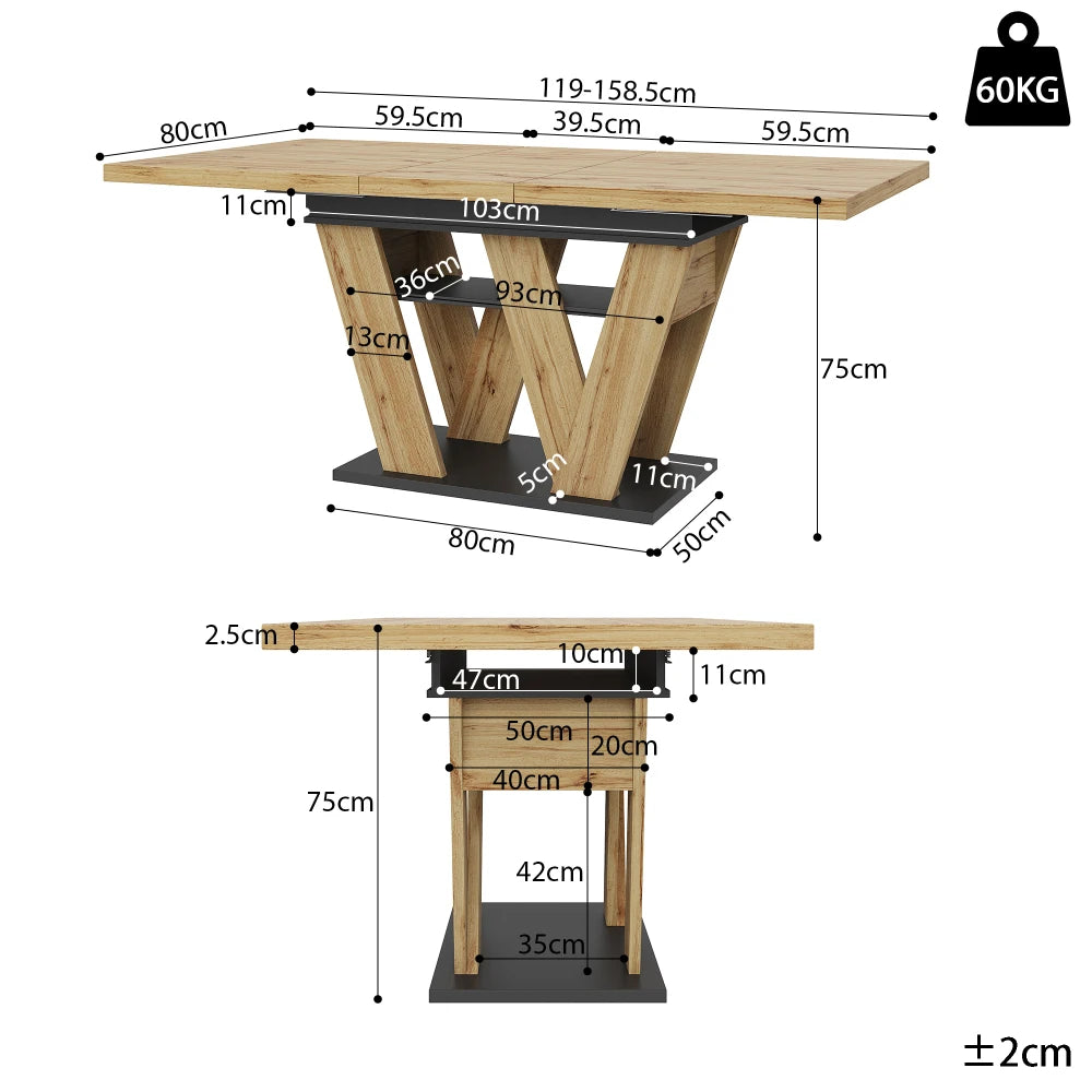 Table télescopique à allonges intégrées