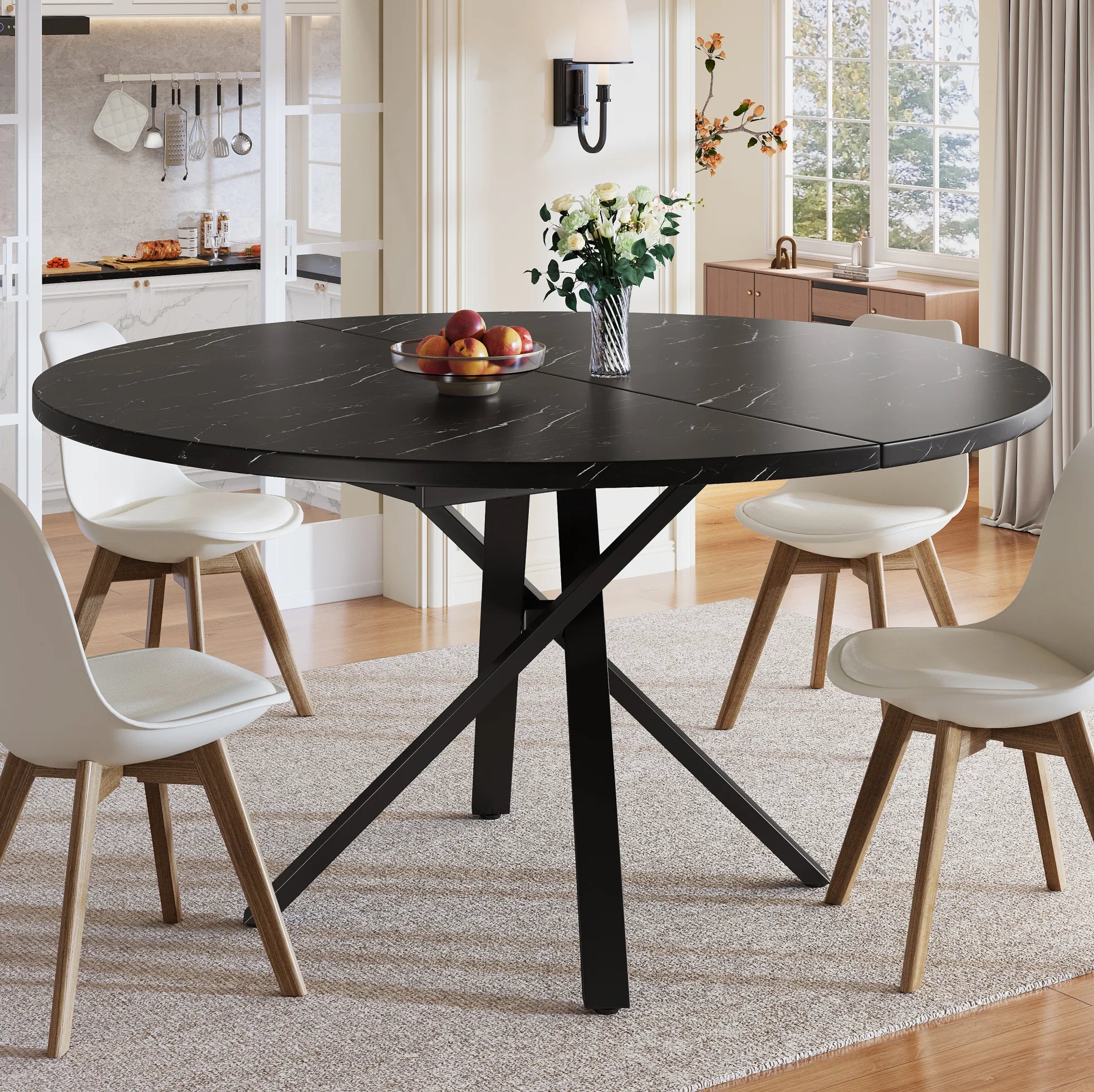 Table ronde extensible 100-140 cm, aspect marbre