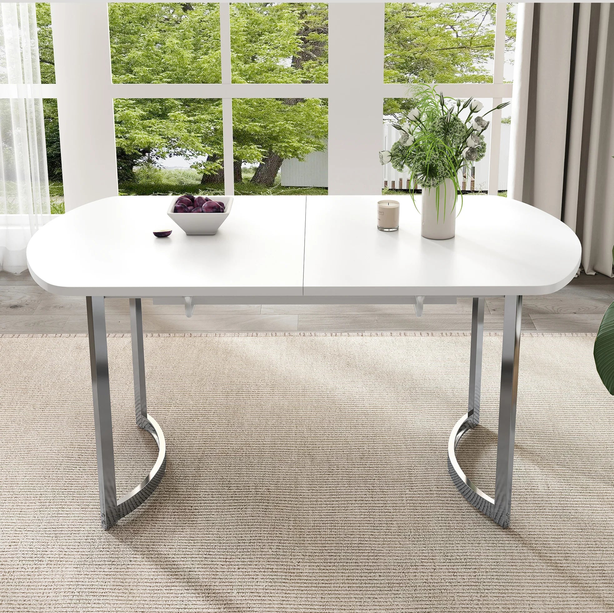 Table extensible blanche 140-180 cm, pieds métal argent
