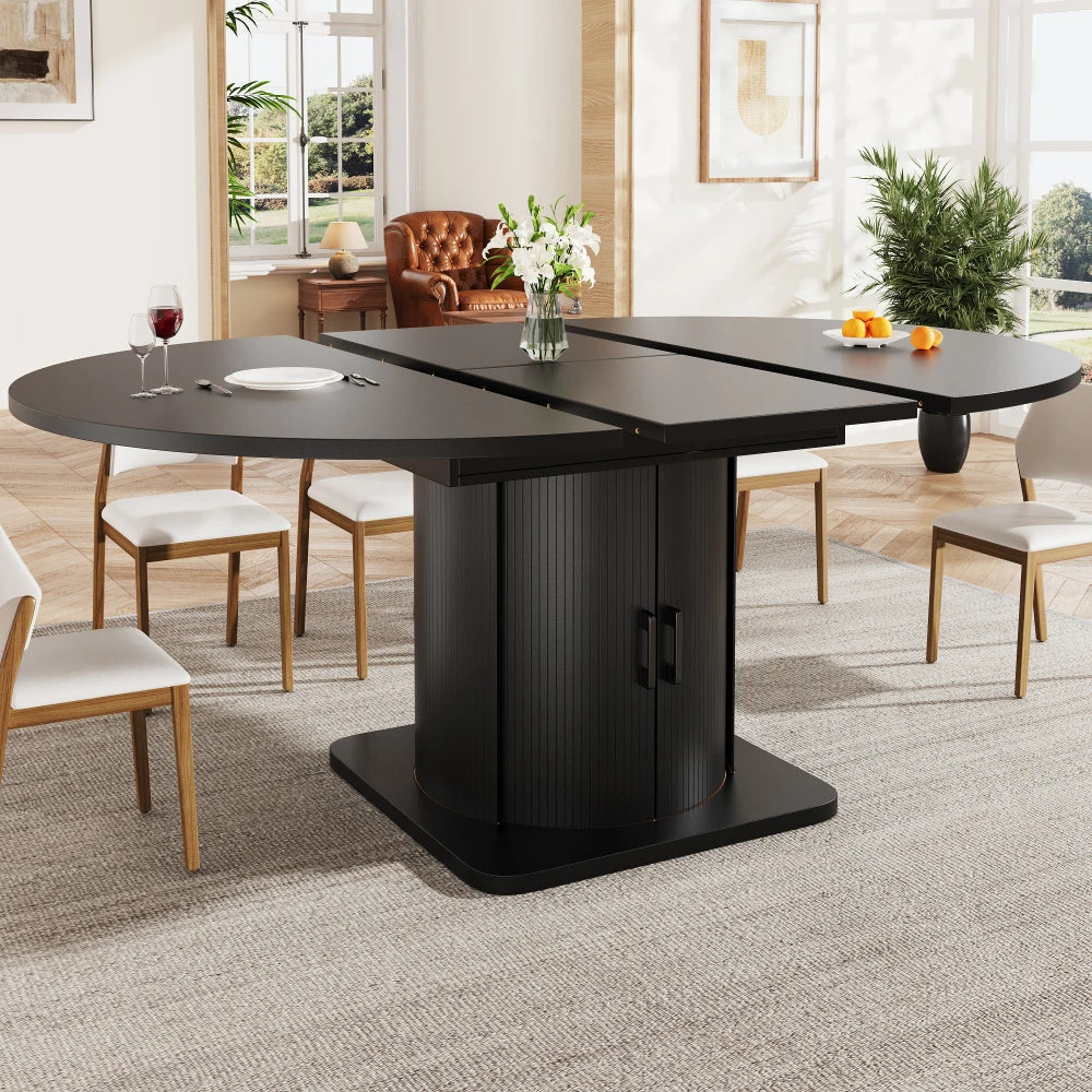 Table ronde extensible noire 118-158 cm à tiroirs
