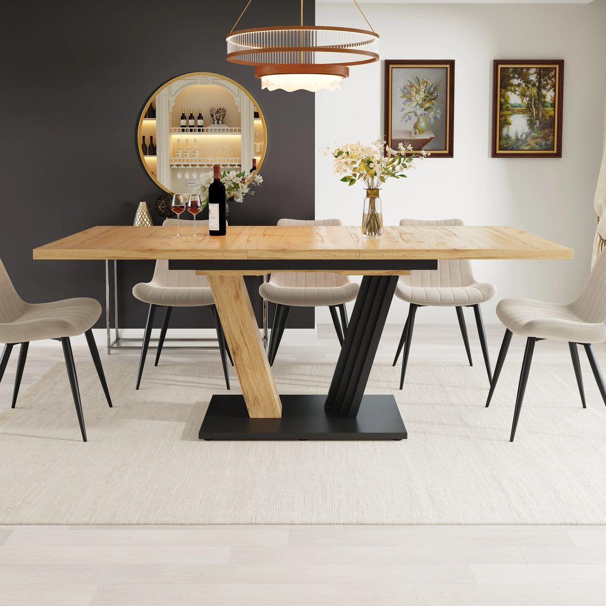 Table extensible aspect bois, pieds en aile