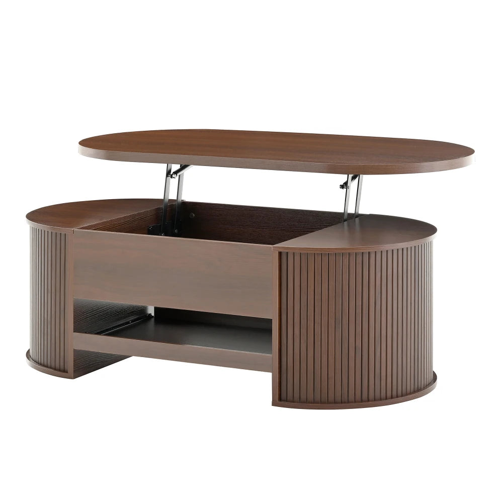 Table basse relevable avec étagère, bois et courbes