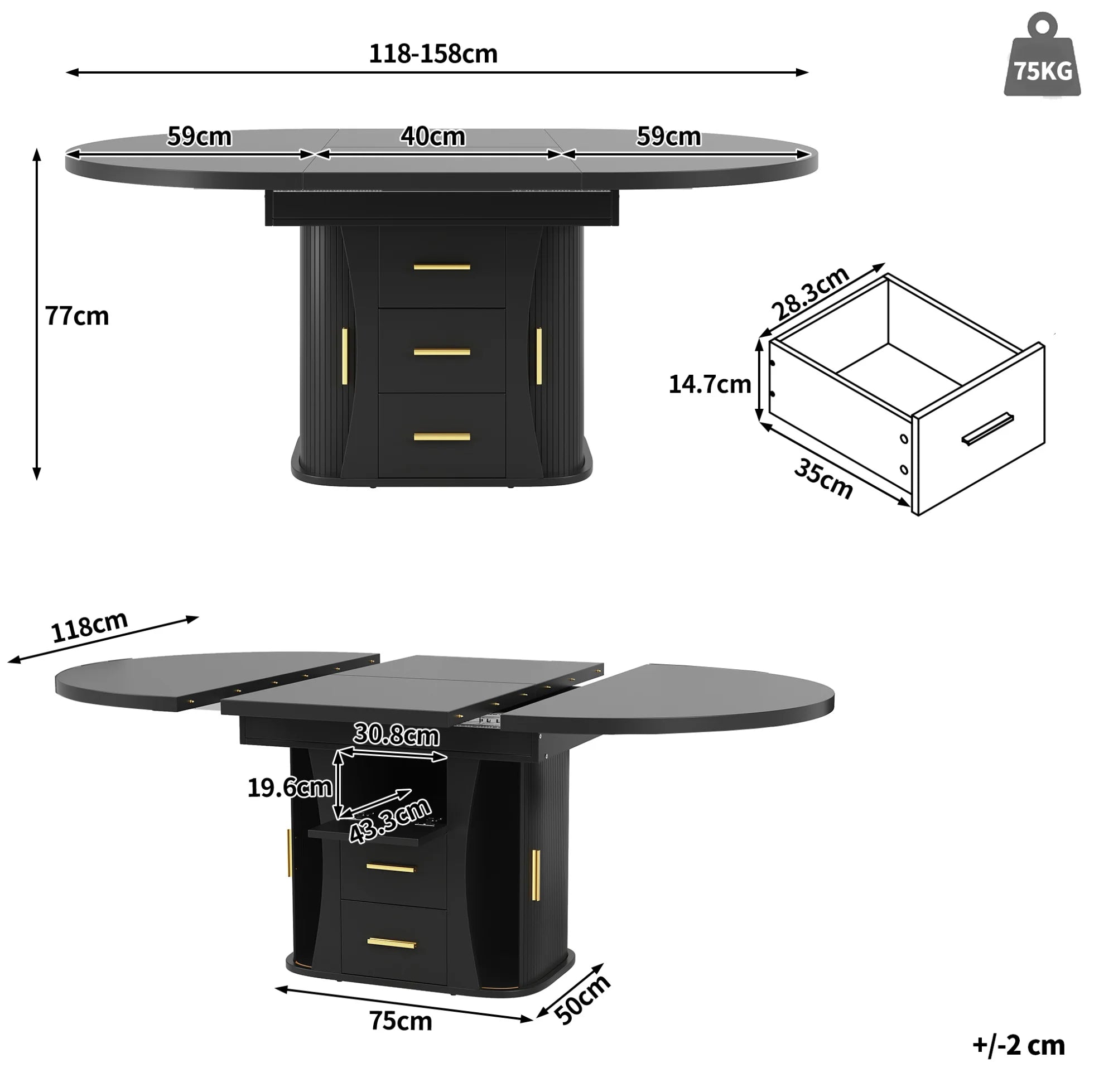 Table ronde extensible noire 118-158 cm