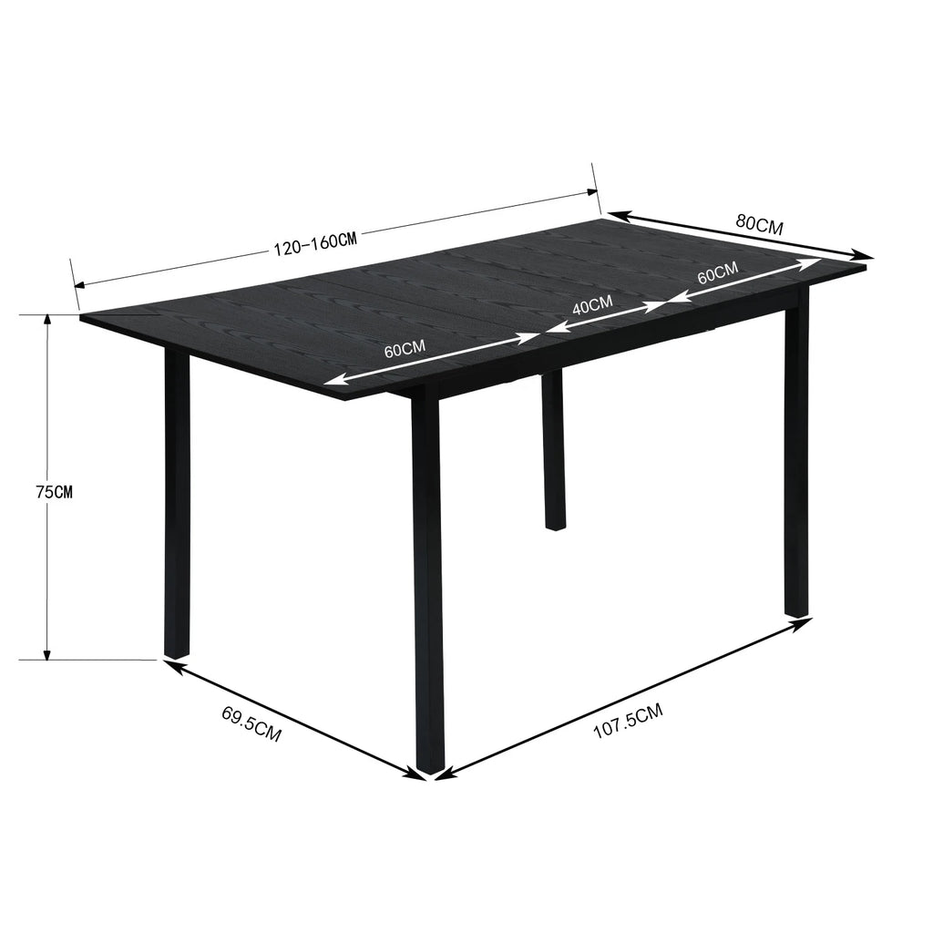 Table extensible noire 120-160 cm, piètement métal