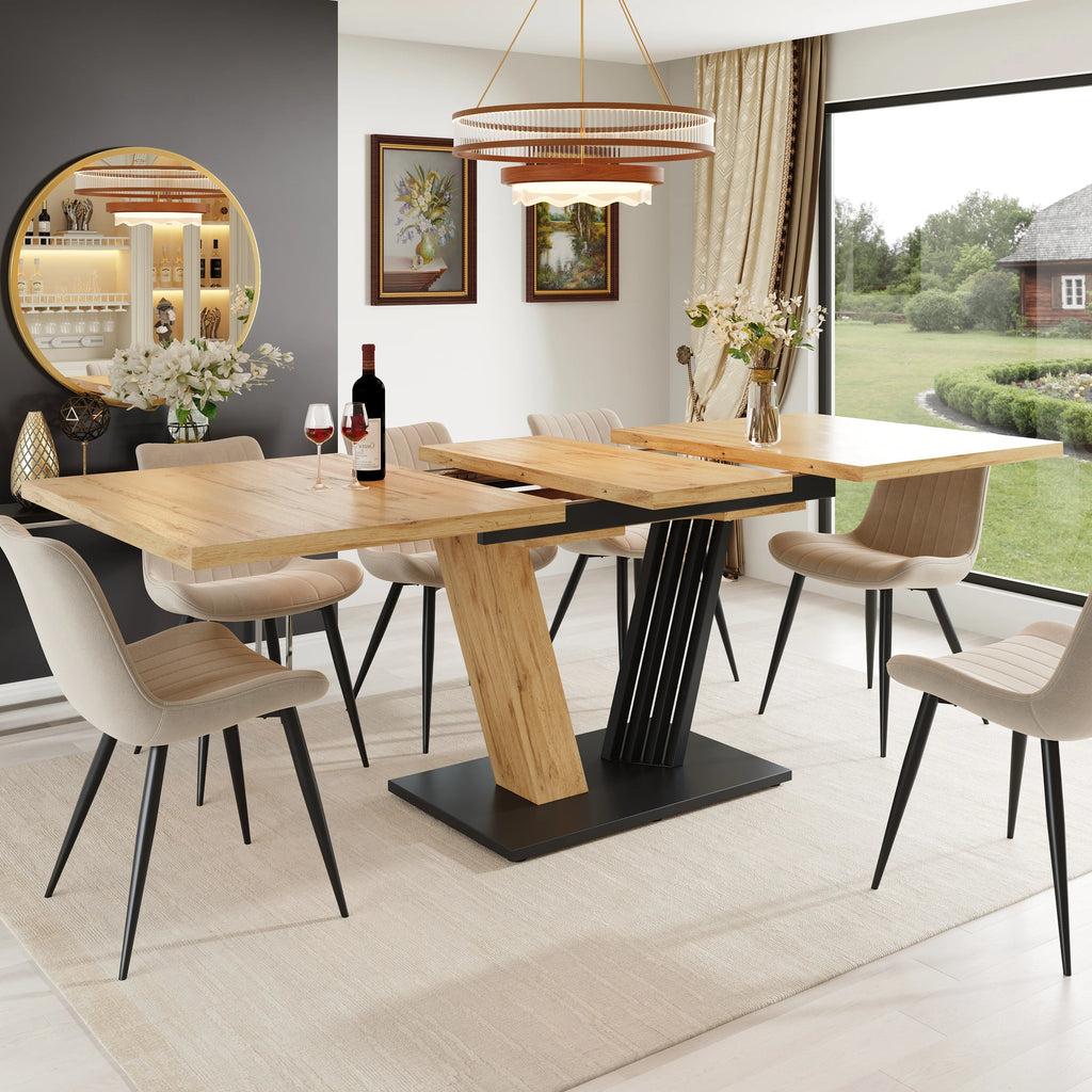 Table extensible aspect bois, pieds en aile