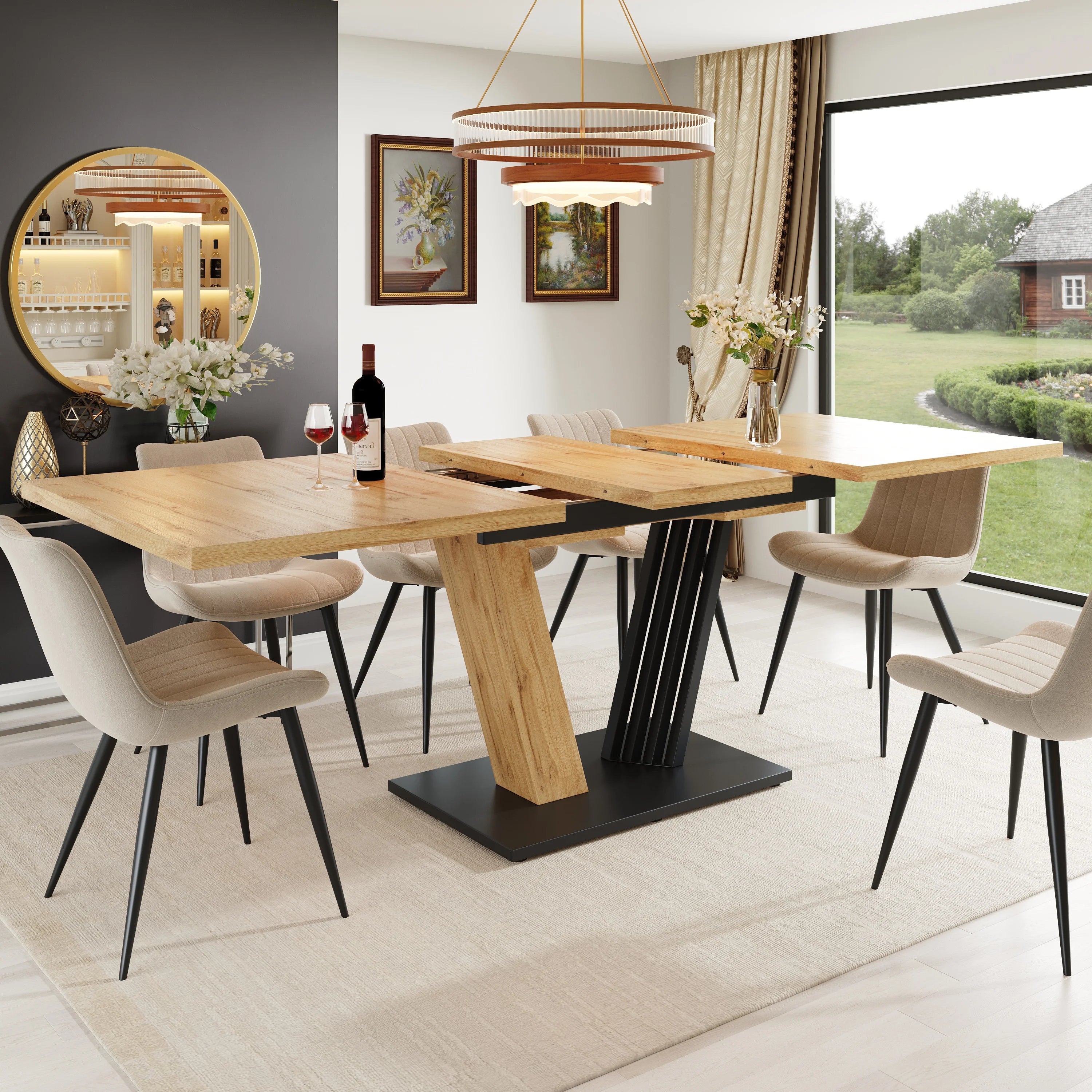 Table extensible aspect bois, pieds en aile