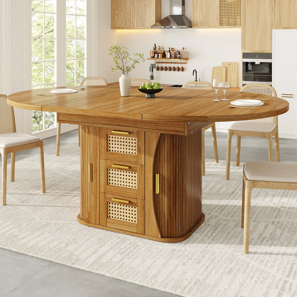 Table extensible à tiroirs rotin, finition bois