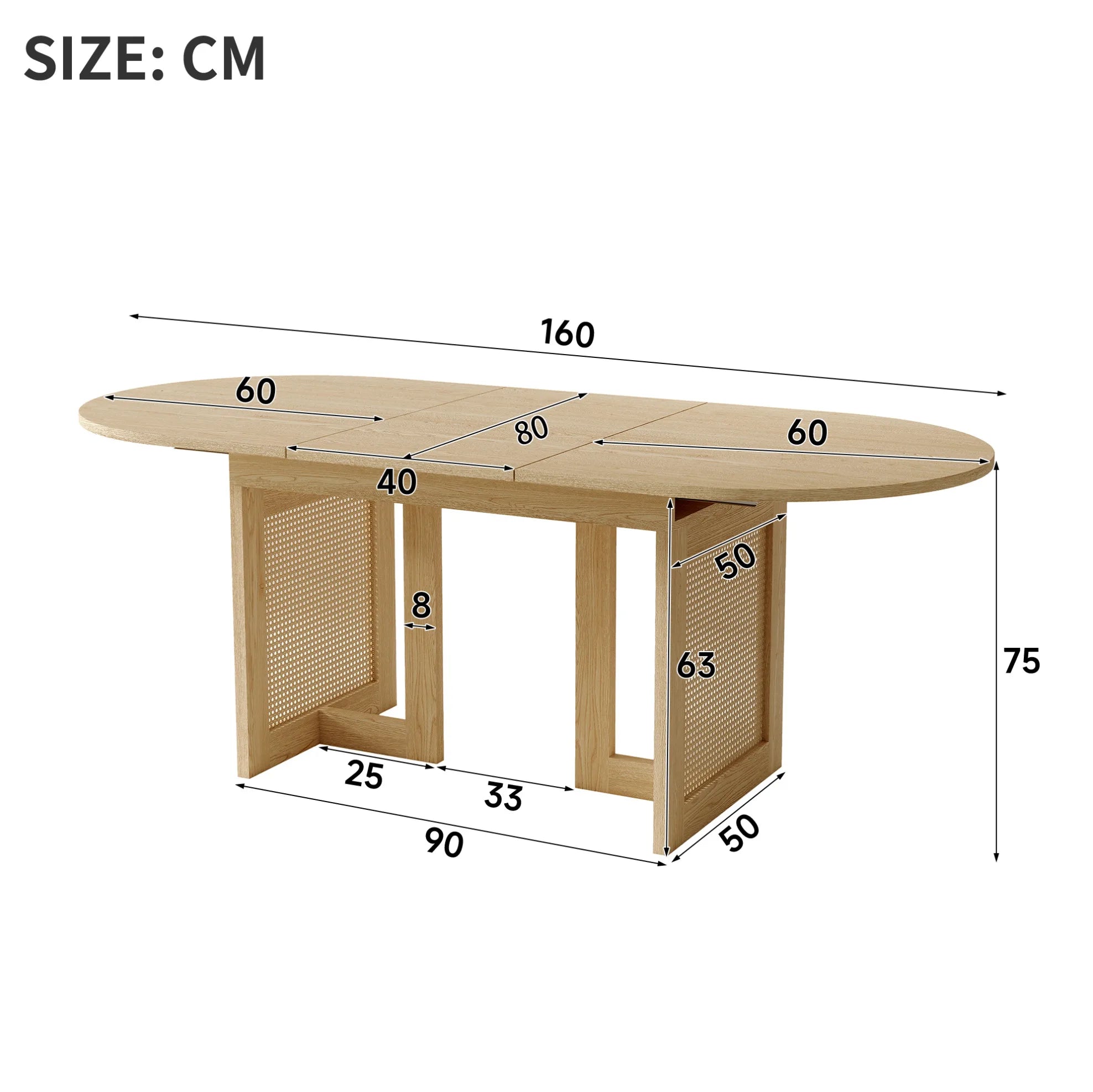 Table extensible 120-160 cm, pieds rotin, chêne