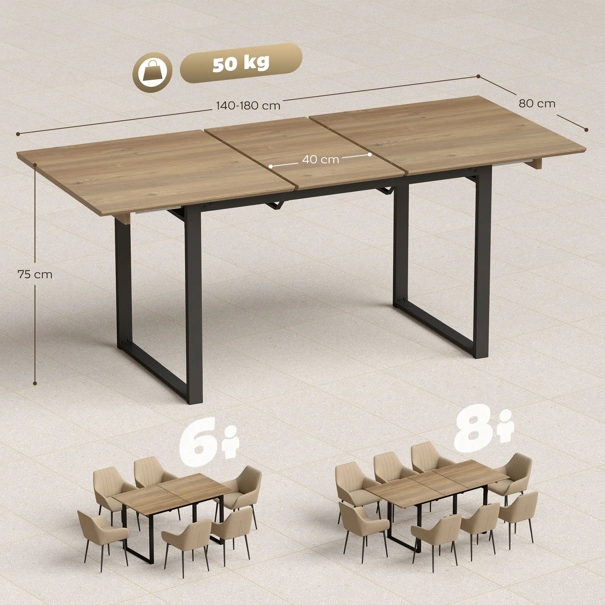 Table extensible 140-180 cm, bois et acier