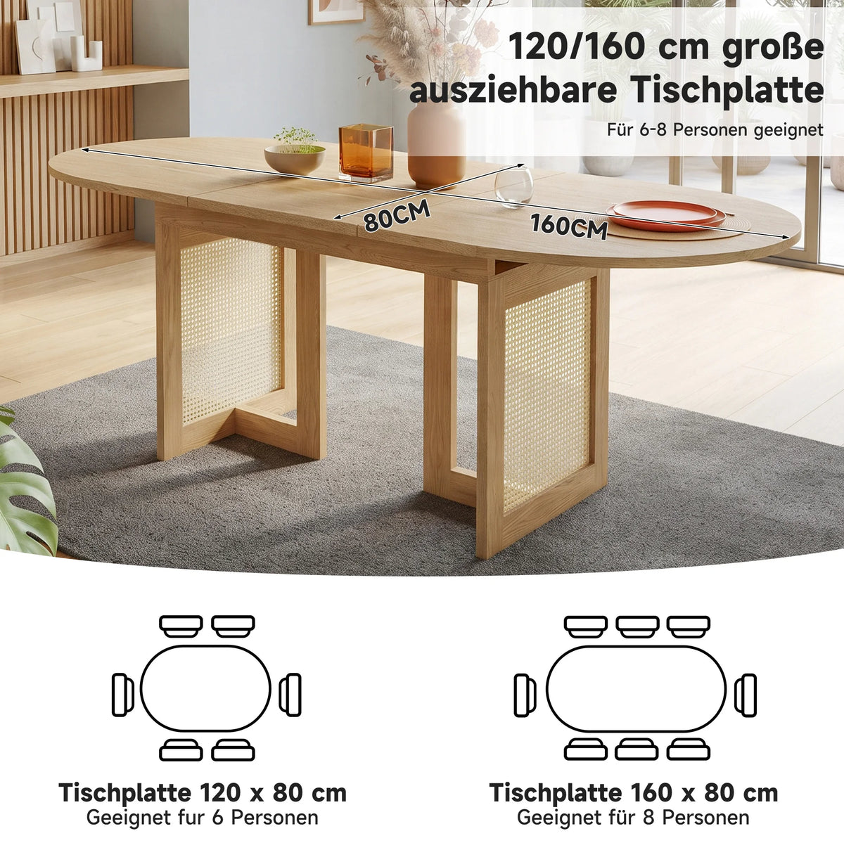 Table extensible 120-160 cm, pieds rotin, chêne