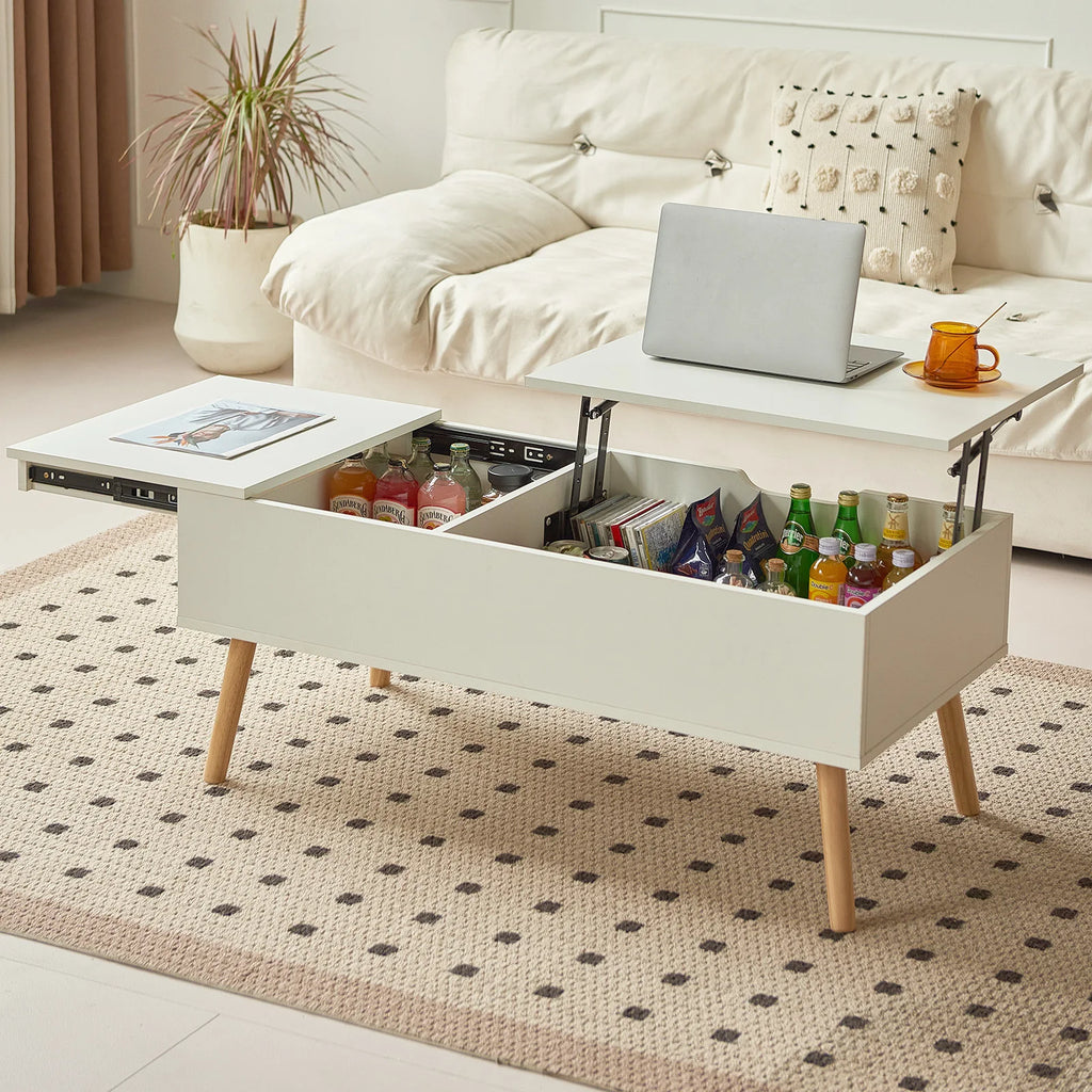Table basse relevable et extensible, bois et métal