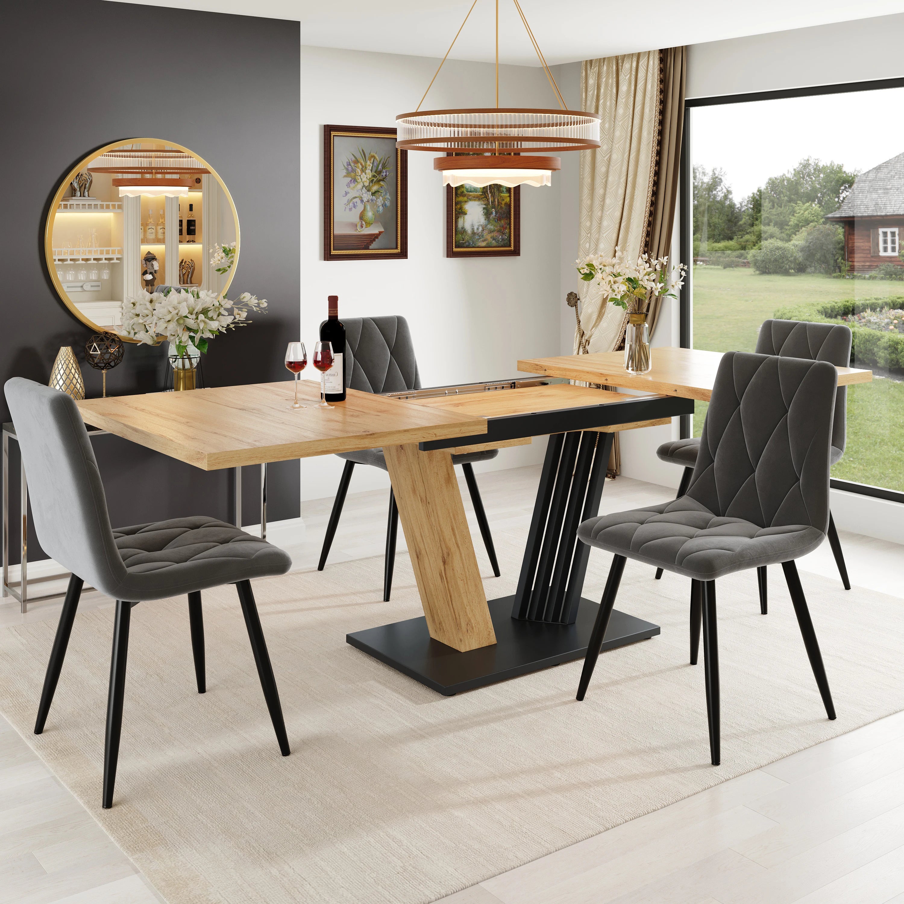 Table extensible aspect bois, pieds en aile
