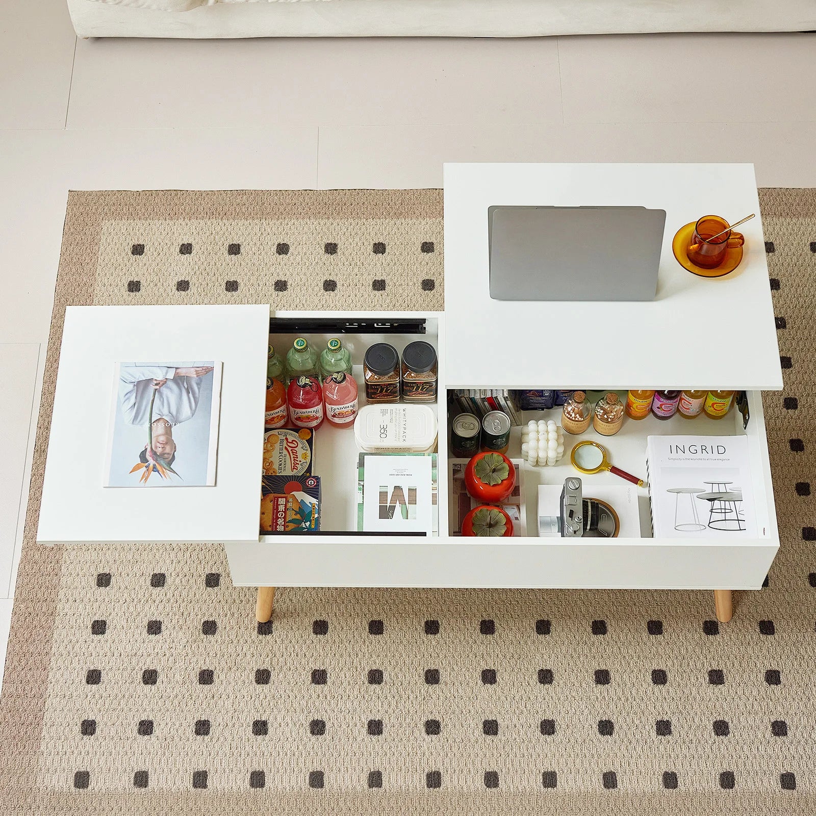 Table basse relevable et extensible, bois et métal