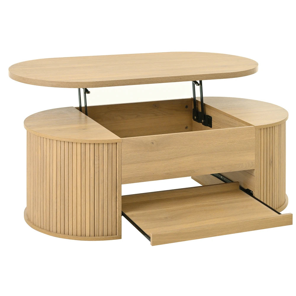 Table basse relevable, côtés bois courbes