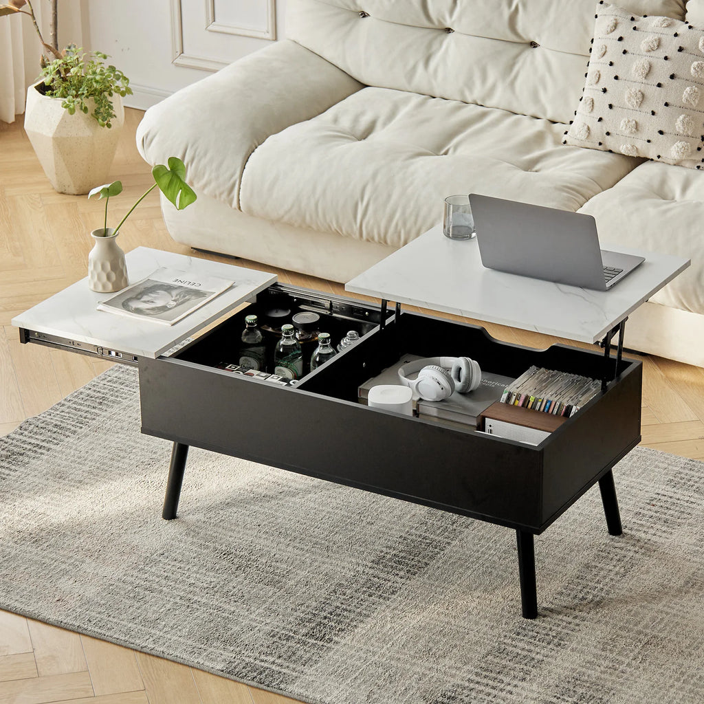 Table basse relevable et extensible, bois et métal