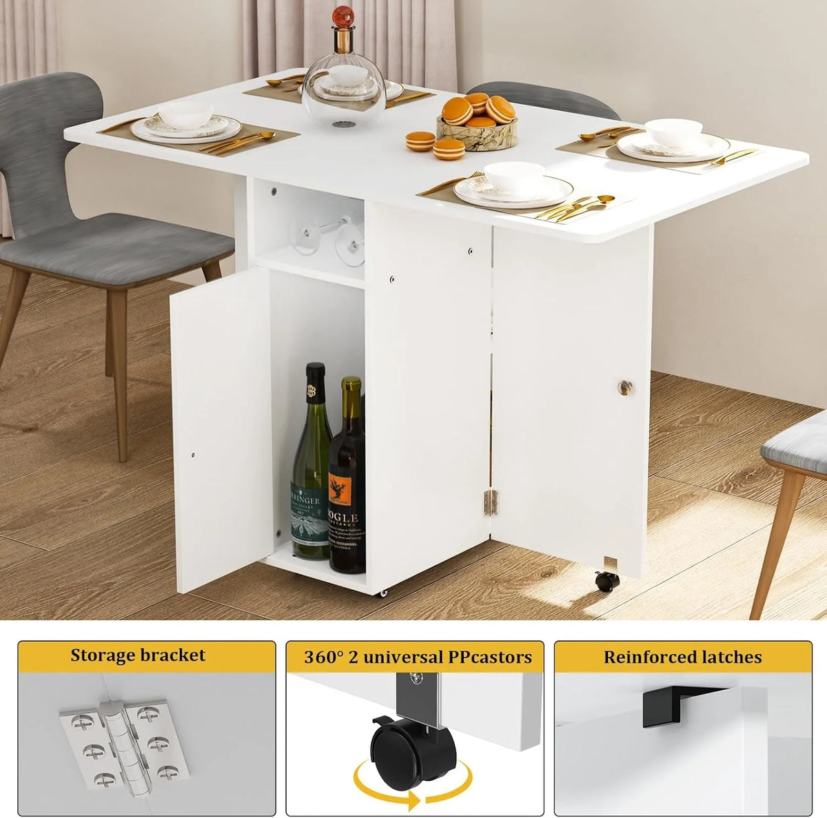 Table pliante sur roulettes avec étagères