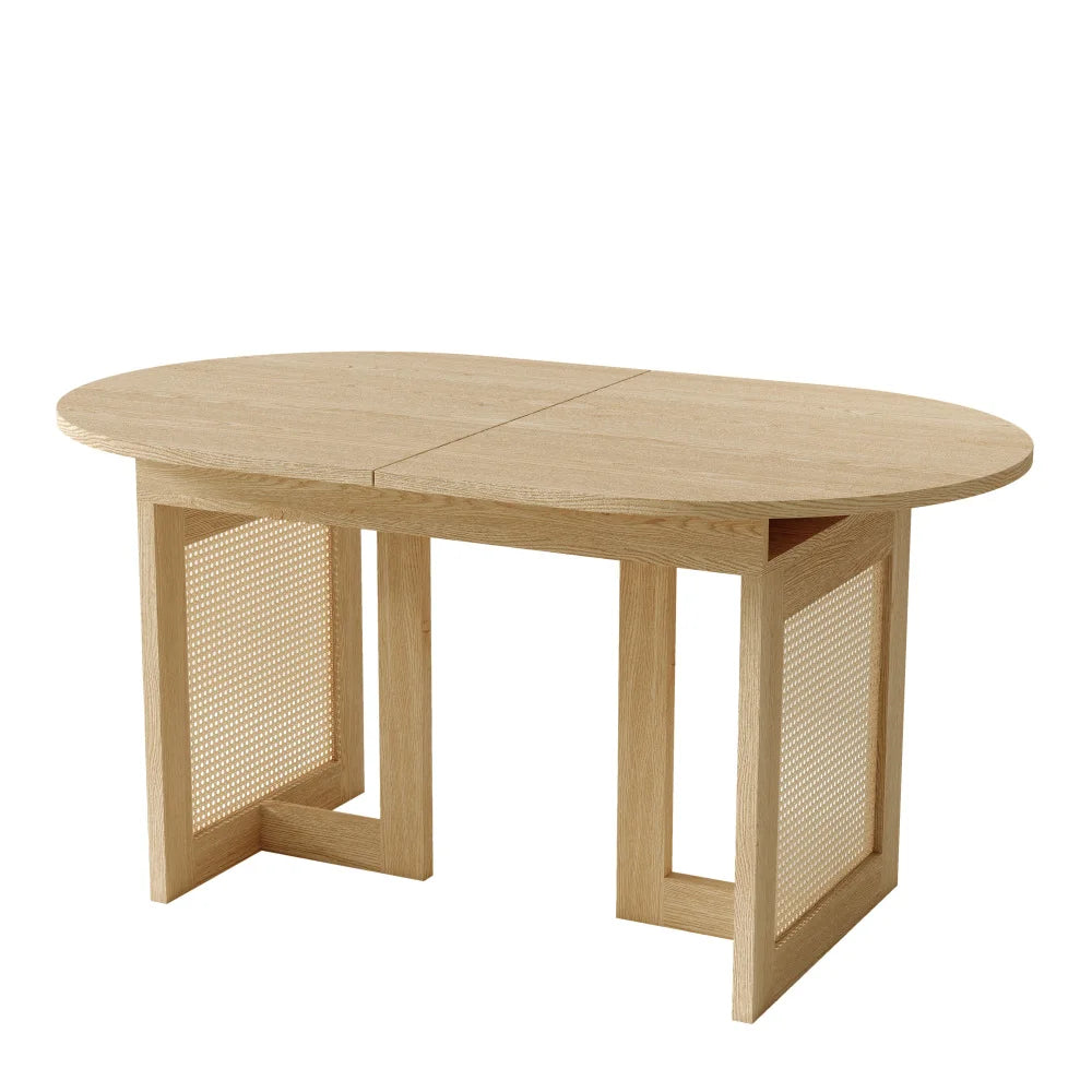 Table rectangulaire extensible aspect chêne, pieds rotin