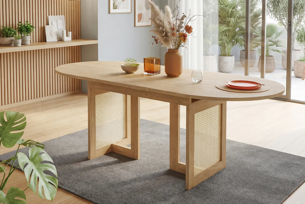 Table extensible 120-160 cm, pieds rotin, chêne