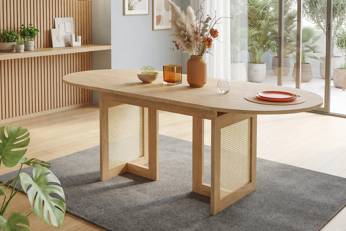 Table extensible 120-160 cm, pieds rotin, chêne