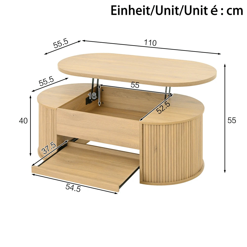 Table basse relevable, côtés bois courbes