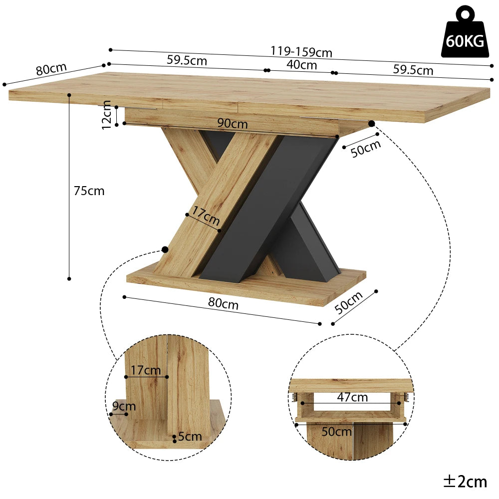 Table télescopique à allonges intégrées