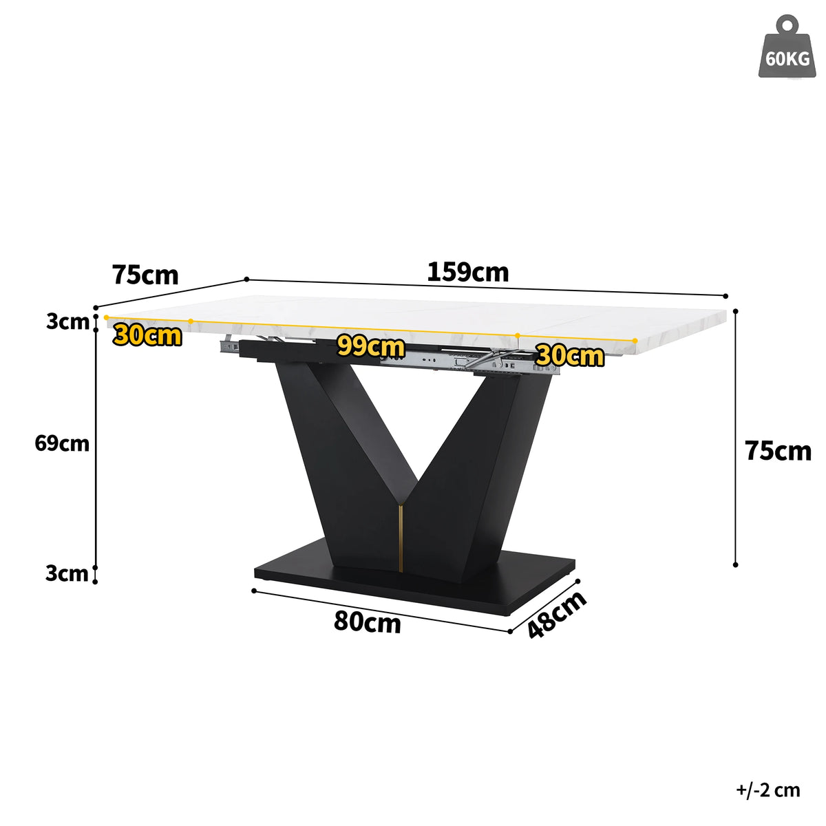Table extensible télescopique, plateau aspect marbre