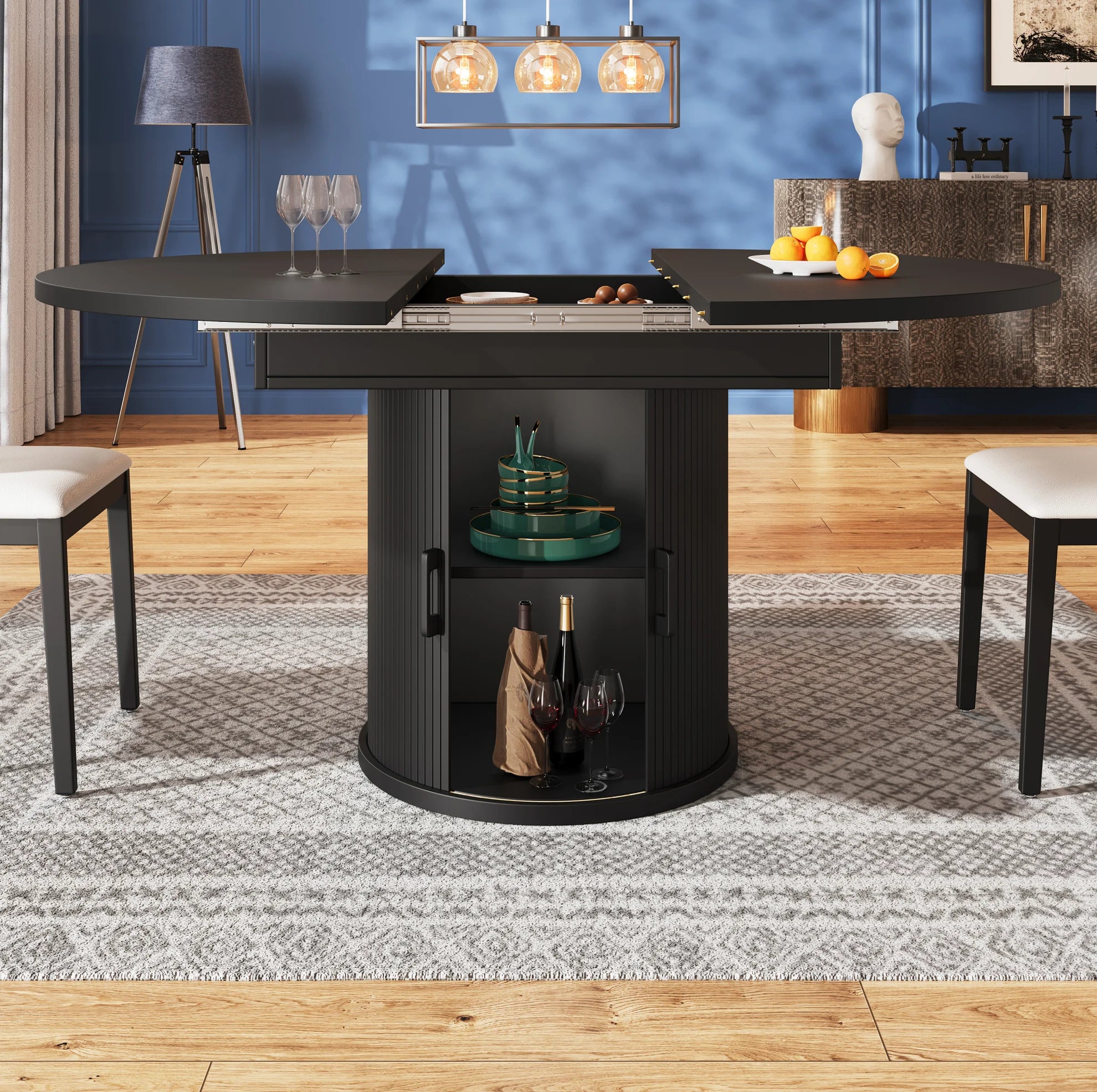 Table ronde extensible noyer et noir 118-158 cm