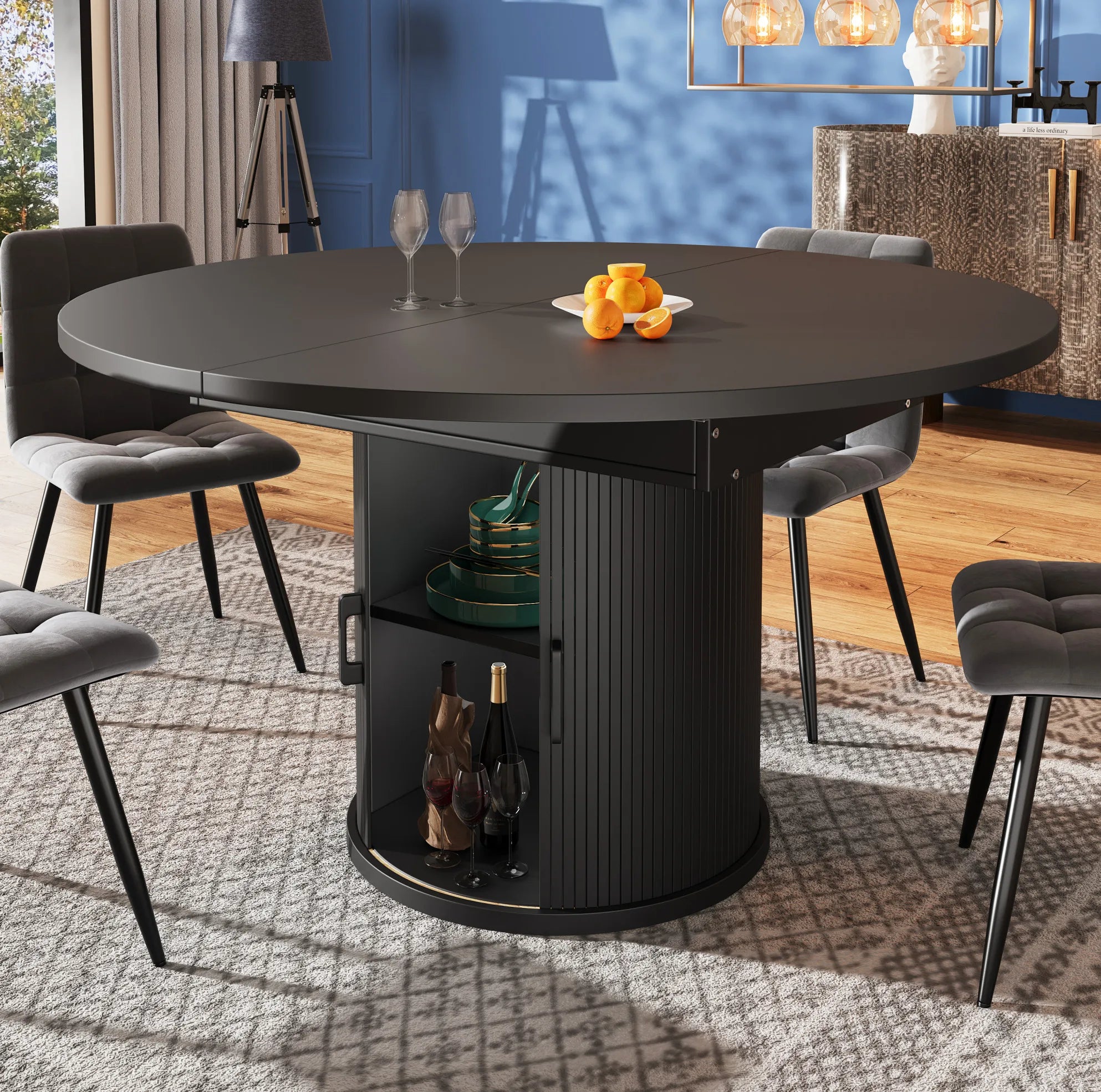 Table ronde extensible noyer et noir 118-158 cm