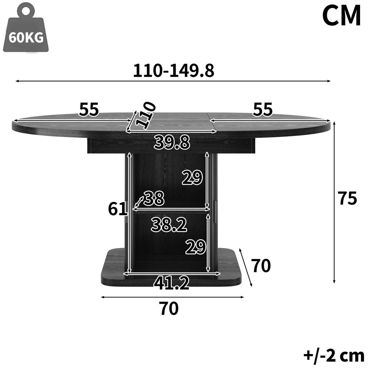Table ovale extensible 110-150 cm avec rangement
