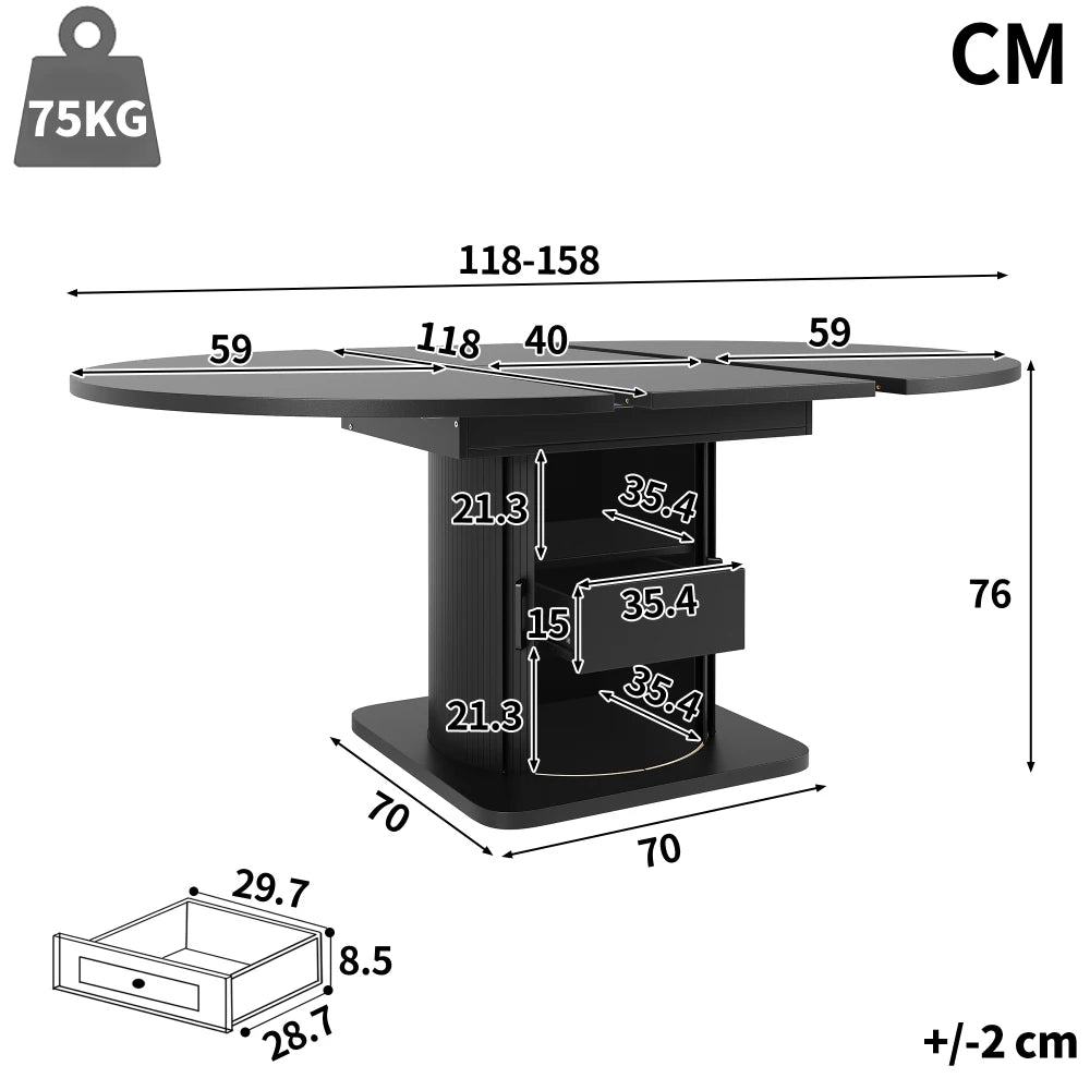 Table ronde extensible noire 118-158 cm à tiroirs