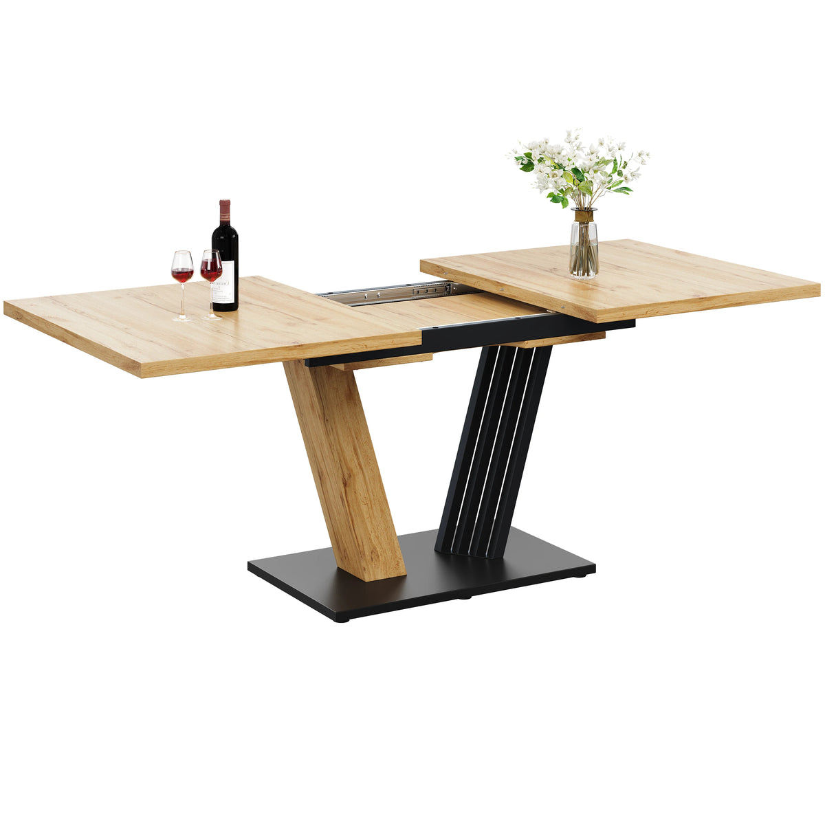 Table extensible aspect bois, pieds en aile