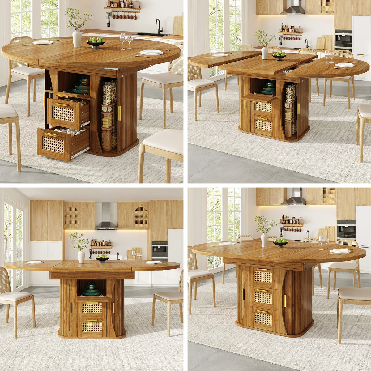 Table extensible à tiroirs rotin, finition bois