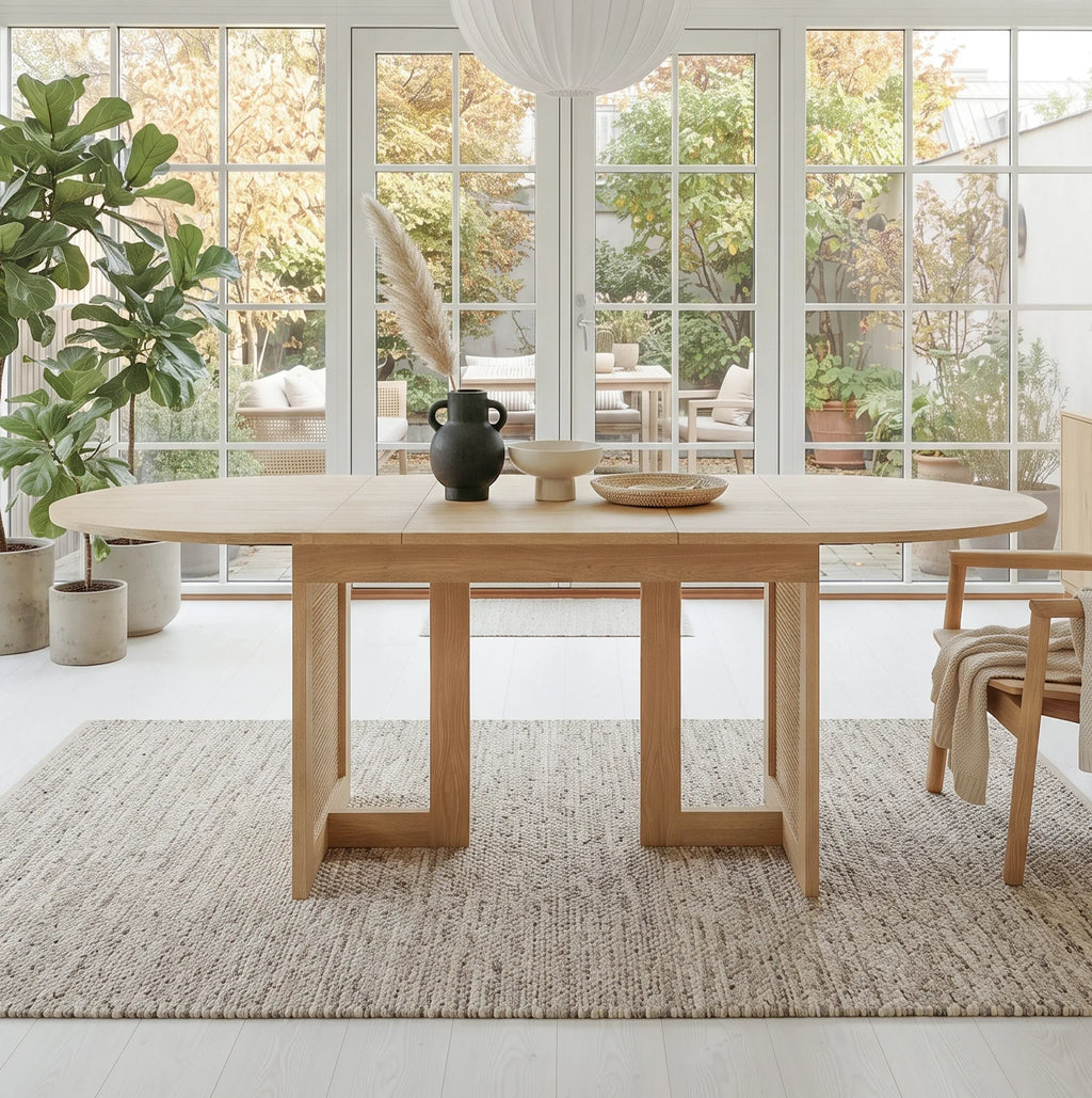 Table extensible 120-160 cm, pieds rotin, chêne