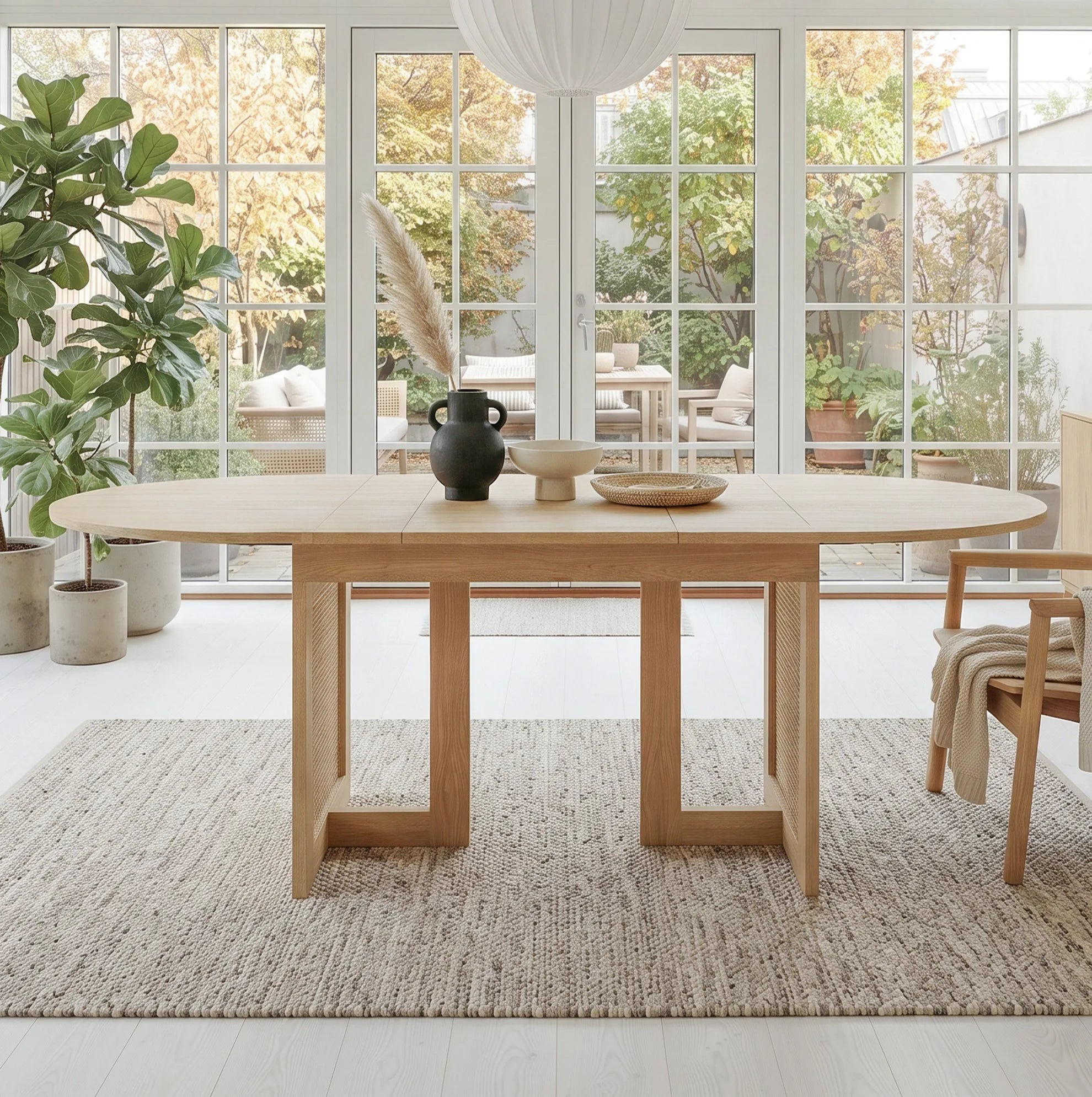 Table extensible 120-160 cm, pieds rotin, chêne
