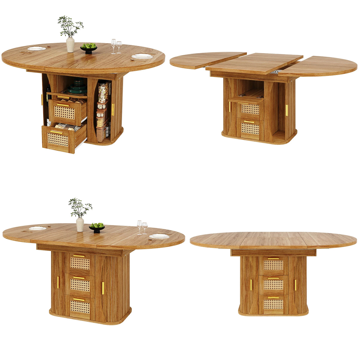 Table extensible à tiroirs rotin, finition bois