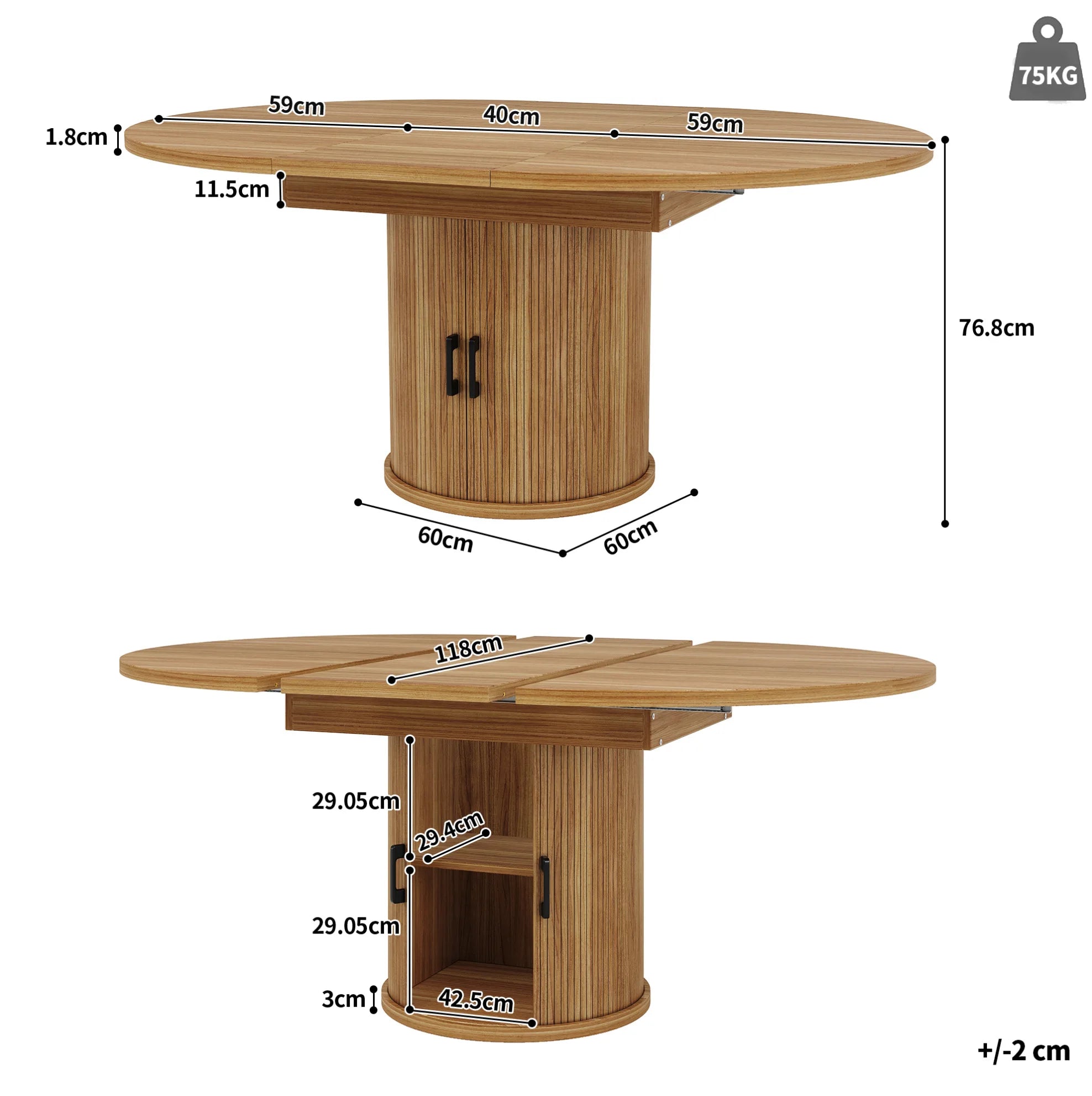 Table extensible ronde à ovale, noyer 118-158 cm