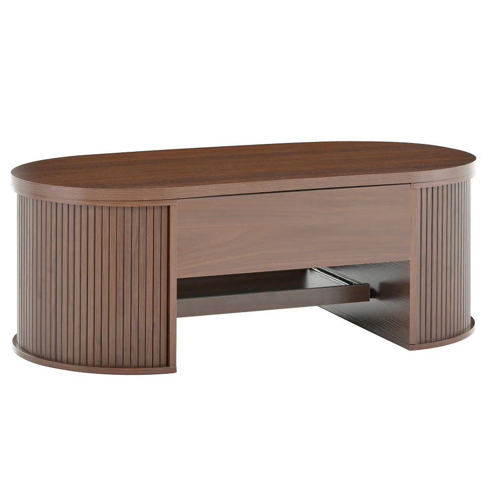 Table basse relevable avec étagère, bois et courbes