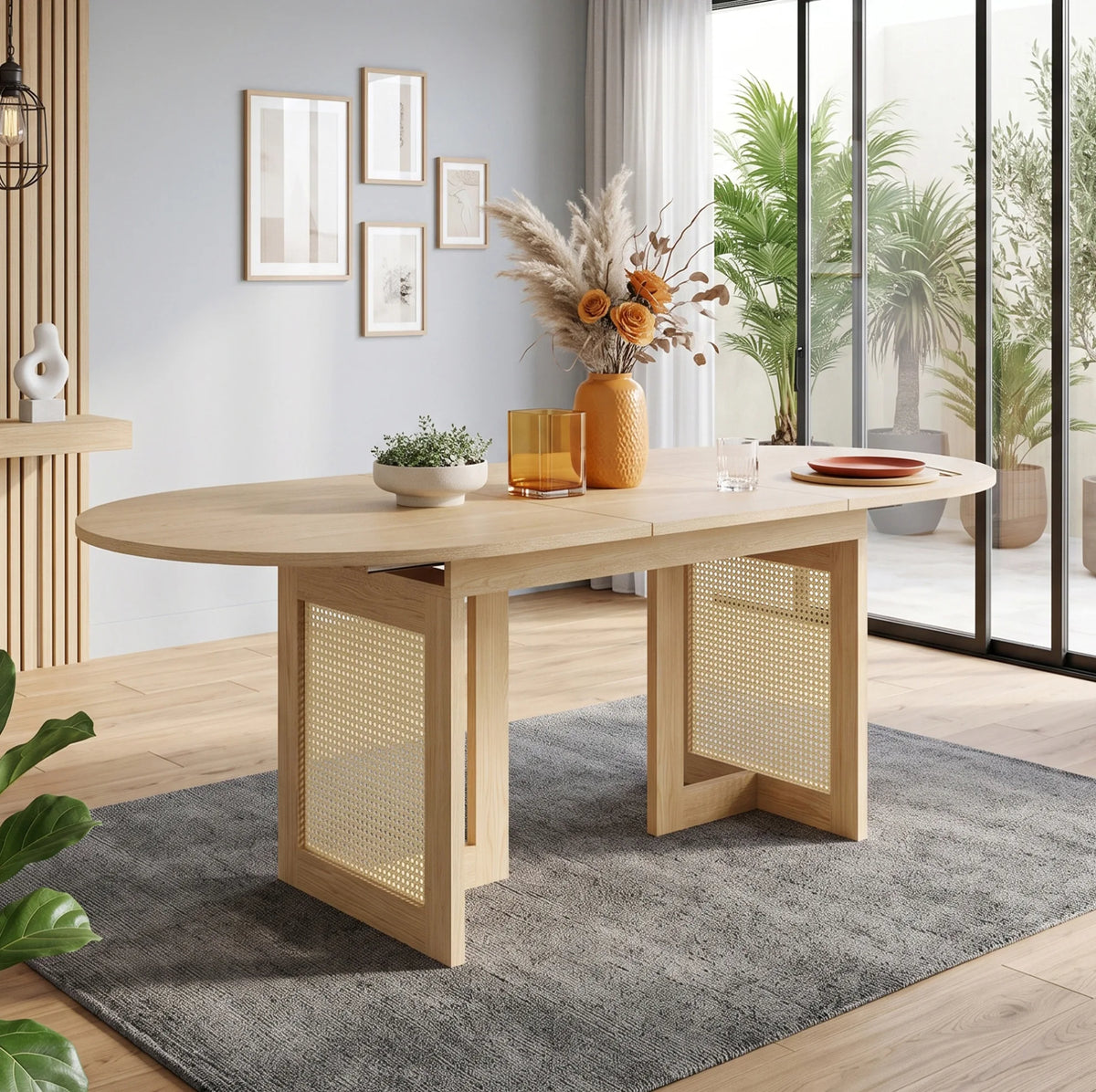 Table extensible 120-160 cm, pieds rotin, chêne