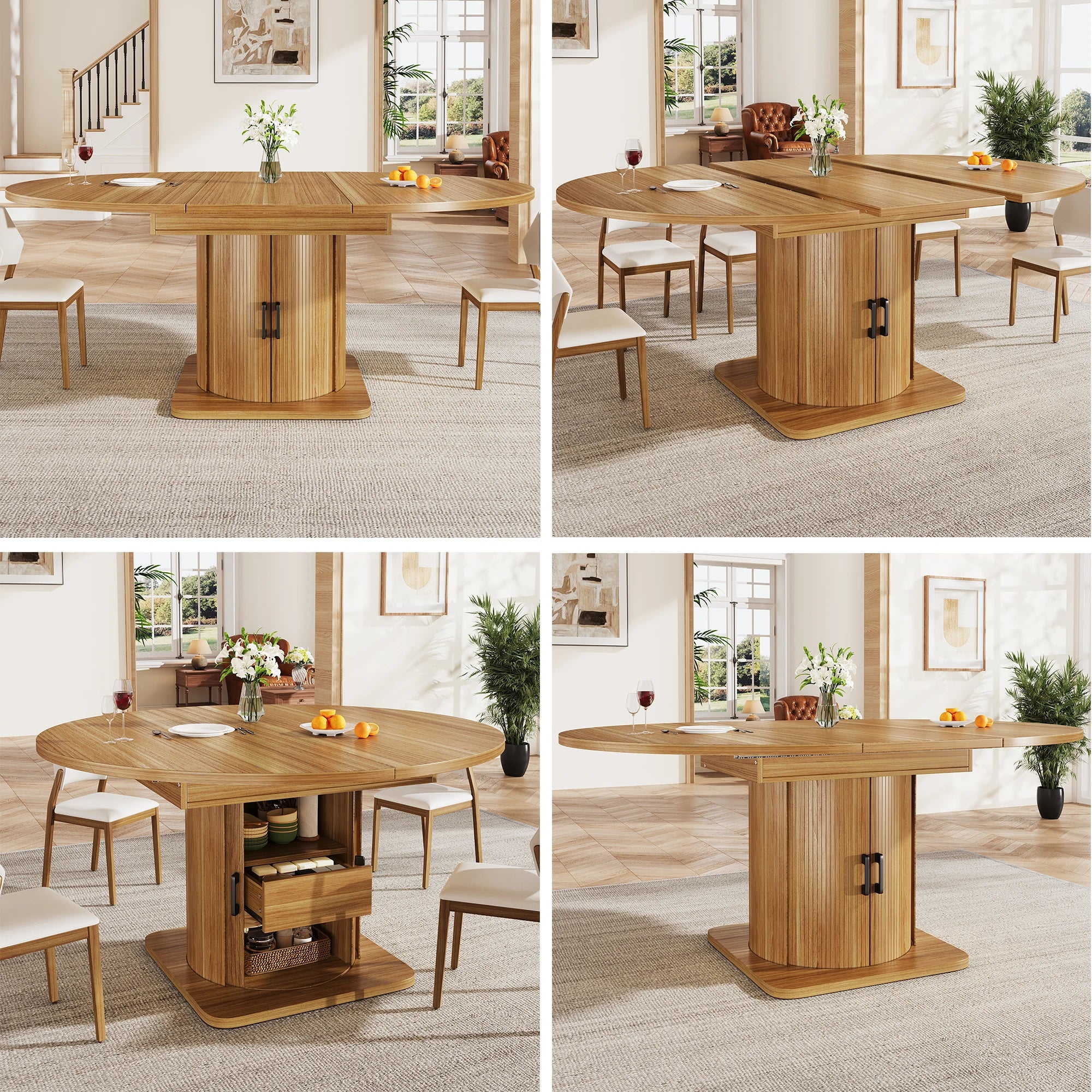 Table ronde extensible noire 118-158 cm à tiroirs
