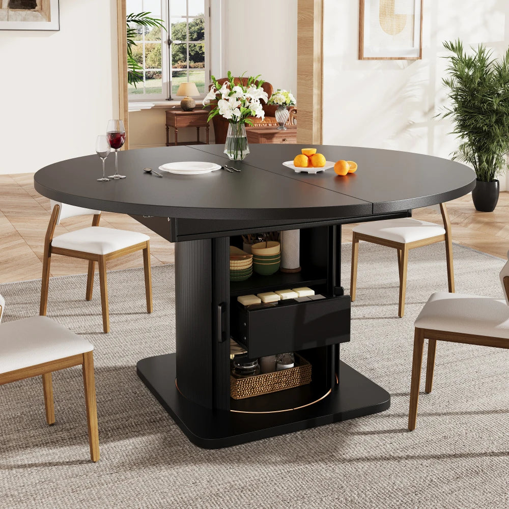 Table ronde extensible noire 118-158 cm à tiroirs