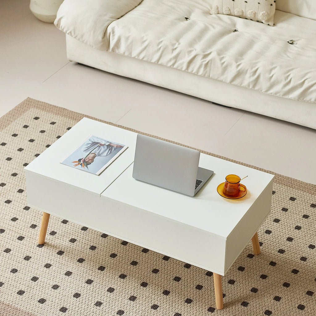 Table basse relevable et extensible, bois et métal
