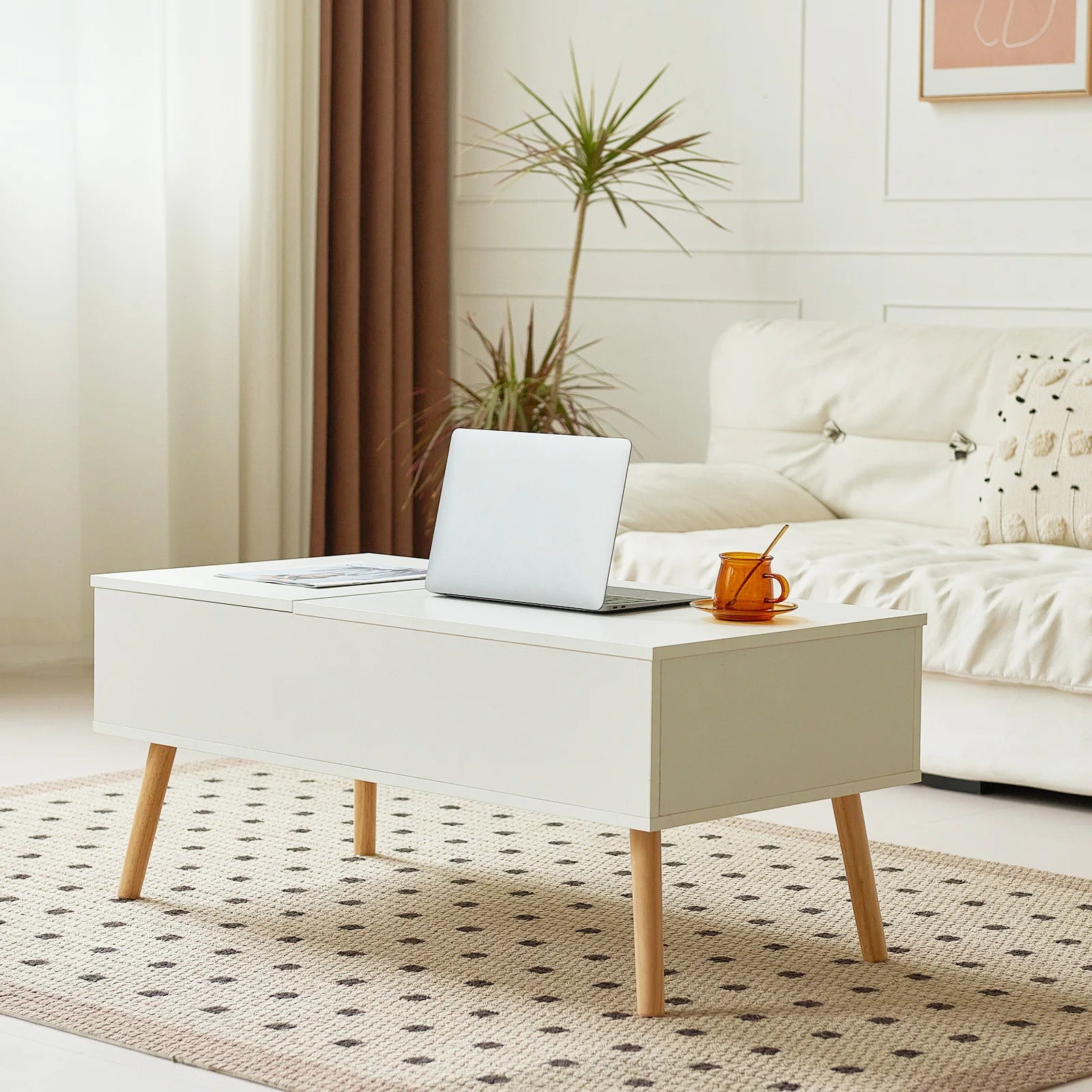 Table basse relevable et extensible, bois et métal