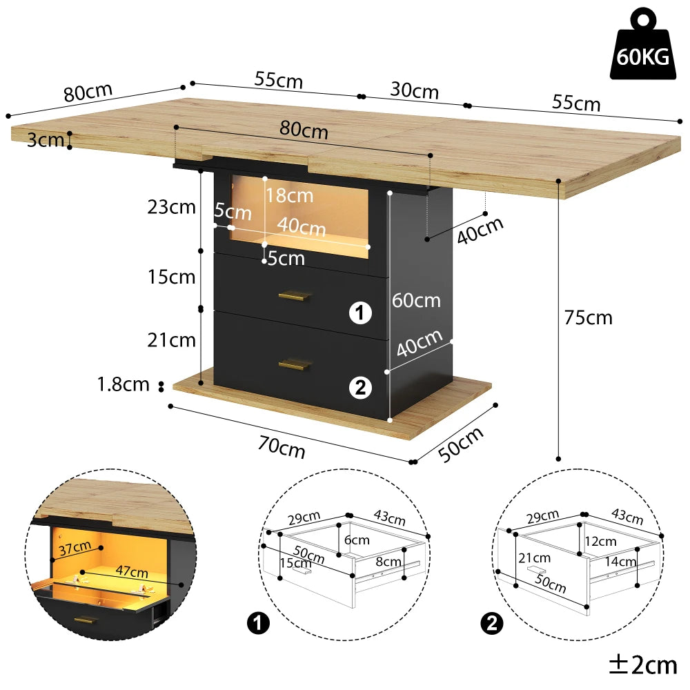 Table extensible 110-140 cm avec éclairage LED