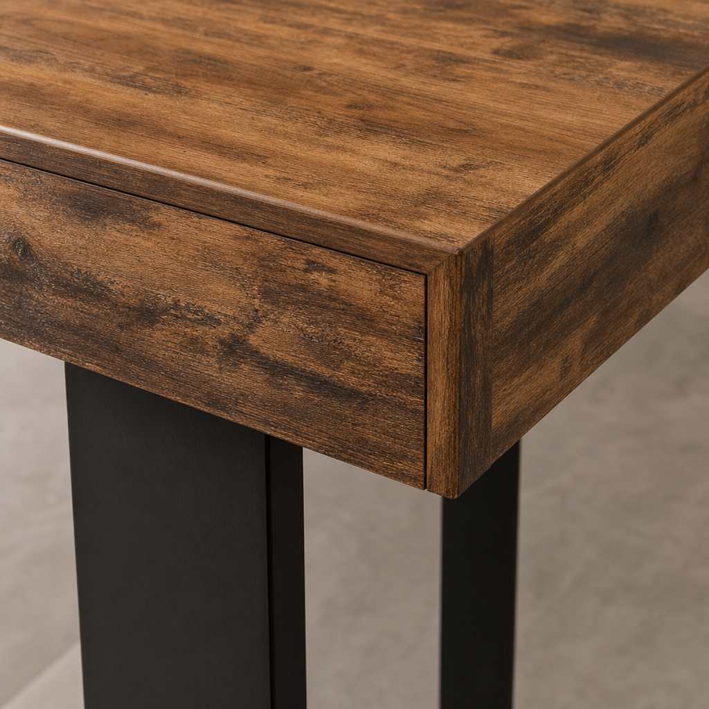 Table extensible rétro, plateau brun et pieds noirs, détail matière