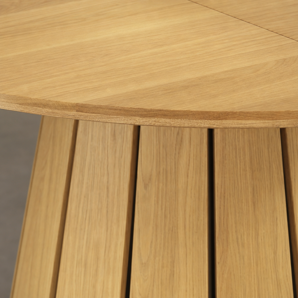 Table ronde extensible 118-158 cm, aspect bois, détail matière