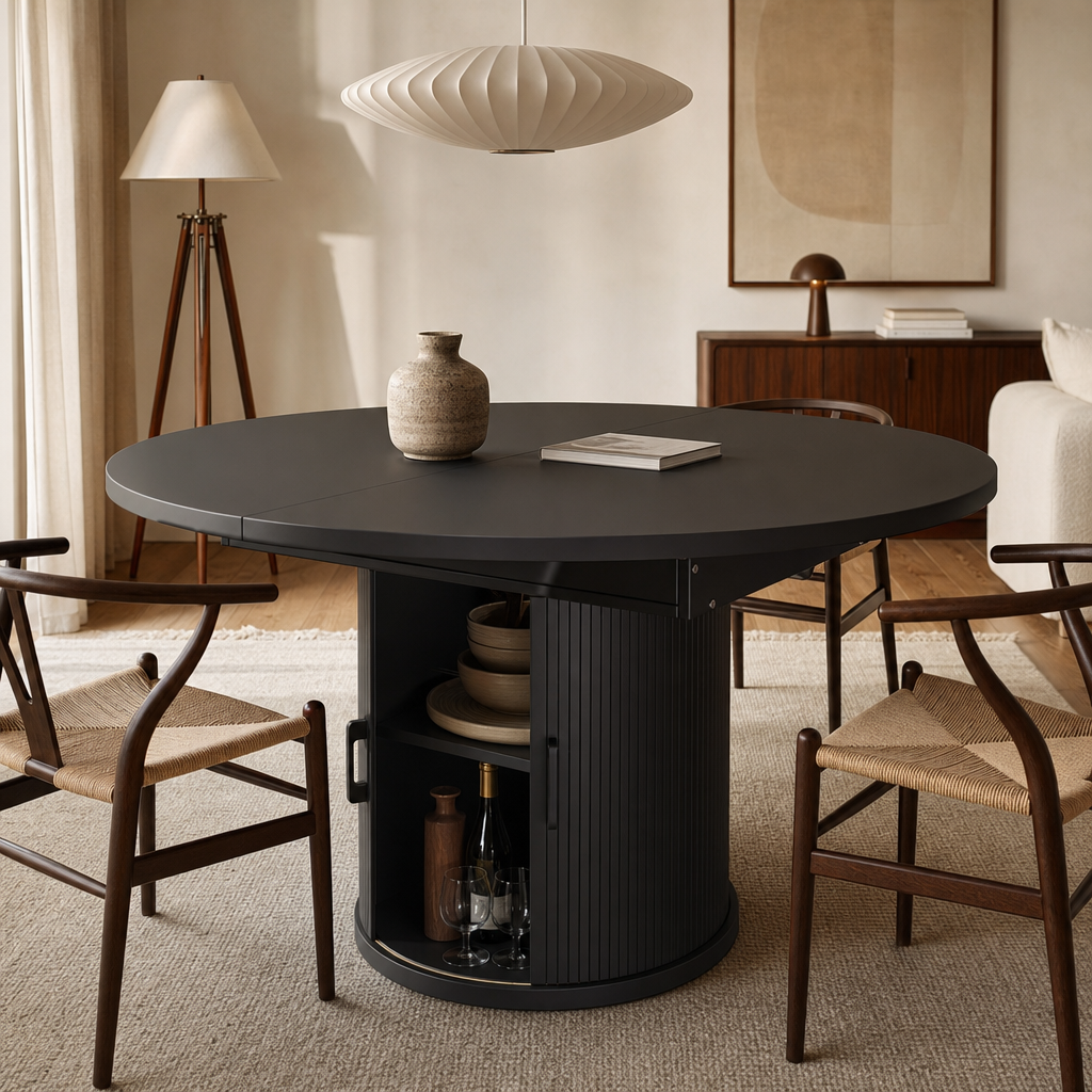 Table ronde extensible noyer et noir 118-158 cm, éditorial lifestyle