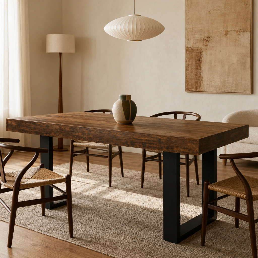 Table extensible rétro, plateau brun et pieds noirs, éditorial lifestyle