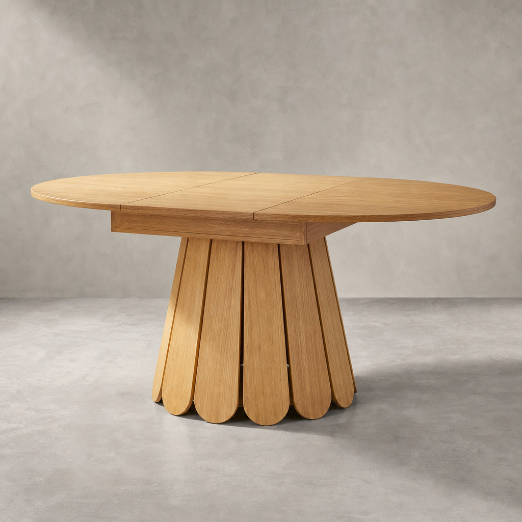 Table ronde extensible 118-158 cm, aspect bois, isolé studio