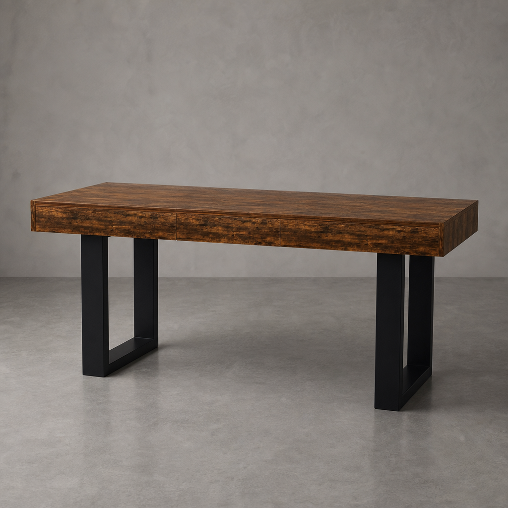 Table extensible rétro, plateau brun et pieds noirs, isolé studio